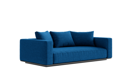 Blue sofa with pillows on a transparent background. Furniture for the modern interior, web design, and presentation.