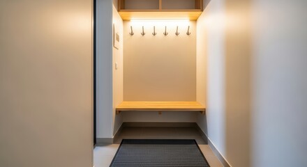 Modern minimalist mudroom with wooden bench and coat hooks