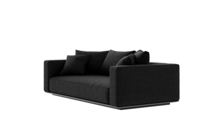 Black couch with pillows on an isolated background. Furniture for the modern interior, web design, and presentation.
