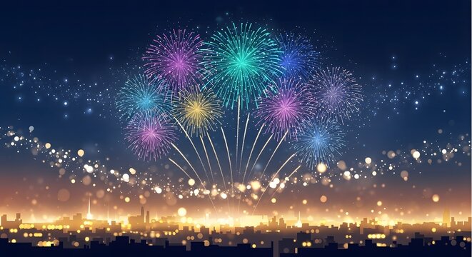 Colorful fireworks exploding over cityscape at night with bokeh lights - Powered by Adobe