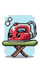Naklejka premium Charming pixel art illustration depicts a happy household appliance on a folding board