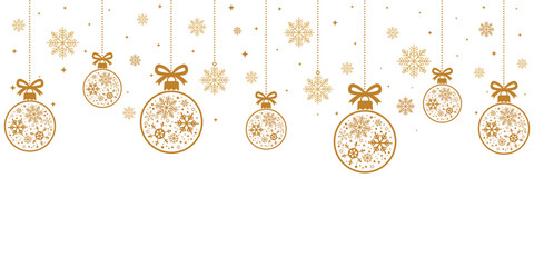Fototapeta na wymiar Elegant Christmas header or banner design featuring a line of hanging golden/bronze ornaments and snowflakes along the top edge. The festive border on a white background leaves large copy space below 