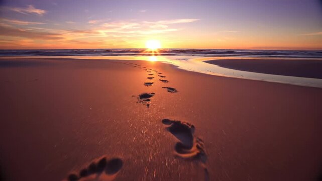 Point of view walking on a beach, following footprints in the sand towards the glowing sunset over the ocean, symbolizing a journey, choice, and moving forward toward a new beginning