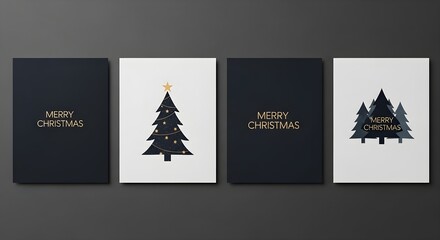 Elegant minimalist christmas card set with dark blue and white designs, golden merry christmas text, and stylized christmas trees, for holiday