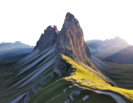 Jagged mountain peaks with sunlit green slopes and a winding path isolated on a transparent background
