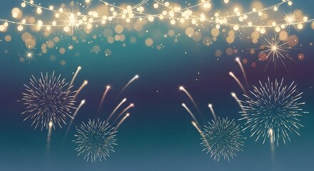 Festive fireworks light up the night sky with decorative string lights