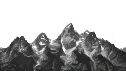 Jagged gray mountain peaks with snow patches isolated on a transparent background