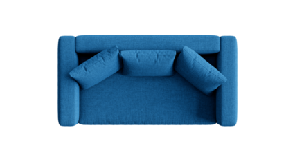 Top view of a blue couch with pillows on a transparent background.