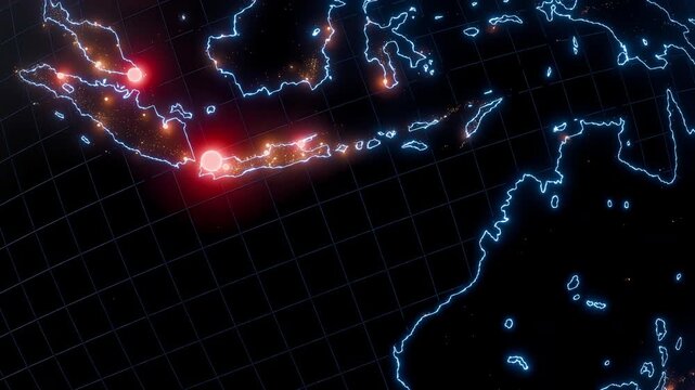 A population density map highlighting the region from Australia to Indonesia, with the most populated areas marked in bright red.