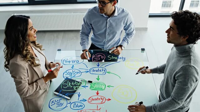 High angle view of a diverse business team collaborating on a new project, drawing a colorful flowchart on a glass table and discussing creative ideas during a productive brainstorming session