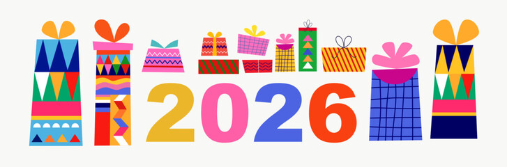 2026 poster design. Christmas card with gift boxes	