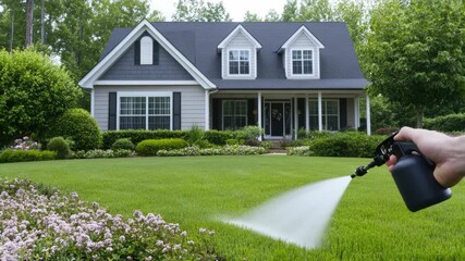 Garden care takes center stage as a homeowner waters vibrant flowers and a well-maintained lawn, ensuring a thriving outdoor space