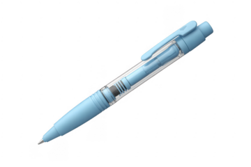 Light blue ballpoint pen with transparent barrel showing ink cartridge isolated on a transparent background