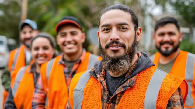 Team of workers in bright safety vests during a community clean-up day in a park