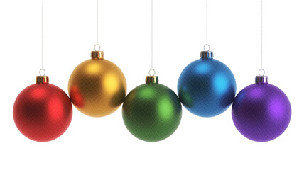 Five Colorful Christmas Ornaments Hanging on White Background decoration holiday.