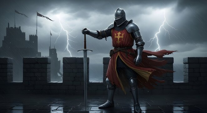 Valiant Knight in Full Armor Stands Guard on Castle Wall During a Thunderstorm.