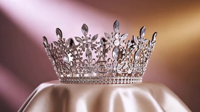 Cinematic Video of Miss Beauty Pageant Crown on Satin Pedestal with Diamonds and Crystals