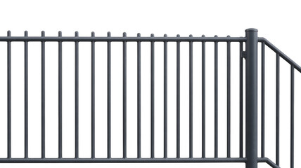 Metal railing with vertical bars and post isolated on a transparent background