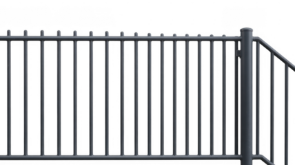 Metal railing with vertical bars and post isolated on a transparent background