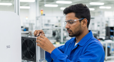 Industrial engineer assembling 5G network equipment in a modern factory. Male technician repairing electronic hardware with a screwdriver. Telecommunication industry concept