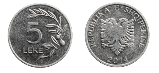 Albania five leke coin isolated on white background