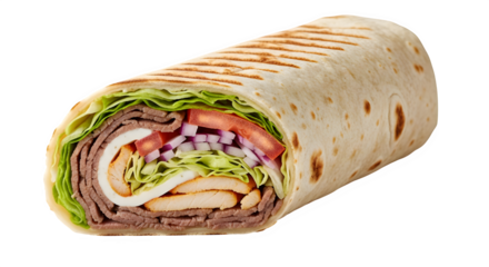 Grilled tortilla wrap with beef, chicken, lettuce, tomato, and onion, isolated on transparent background