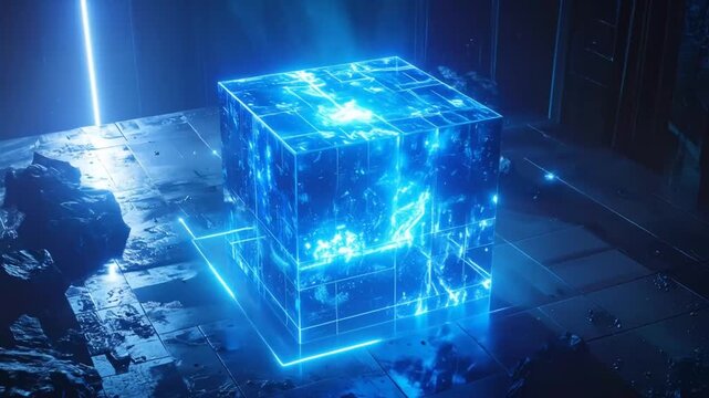 Glowing Blue Cube in Dark Futuristic Room