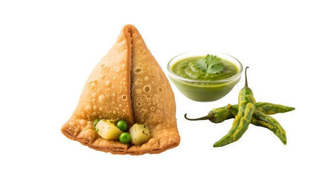 Crispy indian samosa with spicy green chili and fresh mint chutney, isolated on transparent background - Powered by Adobe