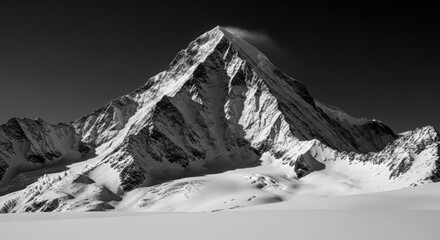 Dramatic black and white photograph of a majestic, snowcovered mountain peak against a dark sky