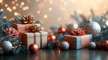 Festive Christmas arrangement with wrapped gift boxes, metallic bows, red and silver baubles, and frosted evergreen branches, glowing bokeh lights on a warm background.
