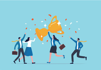 Success woman, female leadership or successful manager, woman lead team to achieve goal, award winner concept, businesswoman holding winning trophy with colleagues and employee celebrate success.