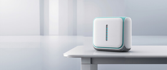 Modern 5G router on a table with copy space. Wireless internet modem with blue signal lights. Technology banner background
