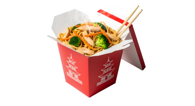 Asian takeout box filled with chicken noodles and broccoli, served with chopsticks, isolated on transparent background
