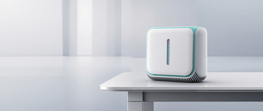 Modern 5G router on a table with copy space. Wireless internet modem with blue signal lights. Technology banner background