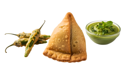 Crispy indian samosa with spicy fried green chilies and mint chutney, isolated on transparent background