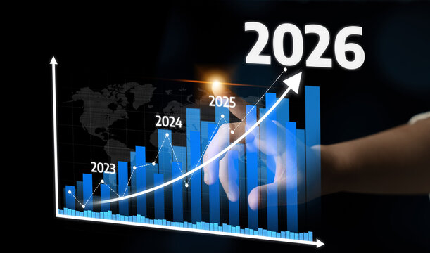 A dynamic representation of business growth projection showing increasing trends from 2023 to 2026, highlighting future potential with a hand reaching for success. Tessel