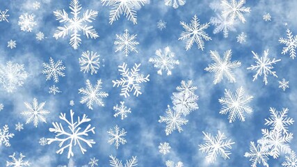Delicate snowflakes drift down, blanketing the ground in a peaceful winter wonderland with clear blue skies above