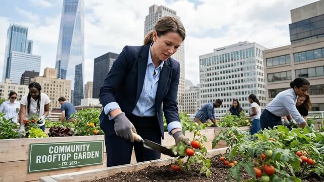 Dedicated Business Woman Tending a Community Rooftop Garden in a Vibrant Urban Landscape, Symbolizing Sustainable City Life and Green Initiatives
