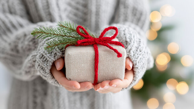 Cozy Winter Gift Wrapped In Linen With Red Ribbon And Pine Sprig