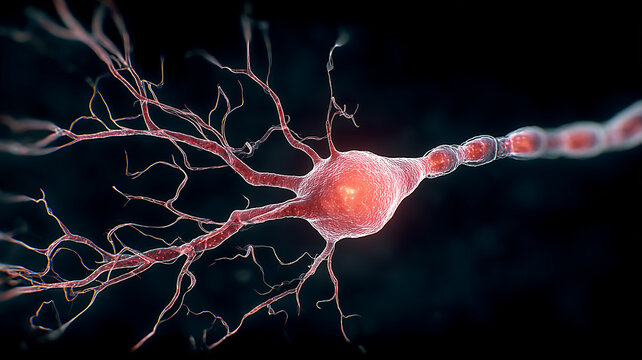 A focused neuron representation depicting structural connections and signal transmission illustrating cognitive processing and the dynamic nature of neural systems.
