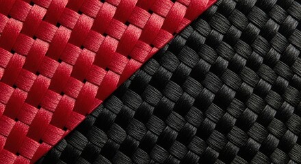 Close up of a woven textile material featuring a diagonal split between vibrant red and deep black nylon fiber texture