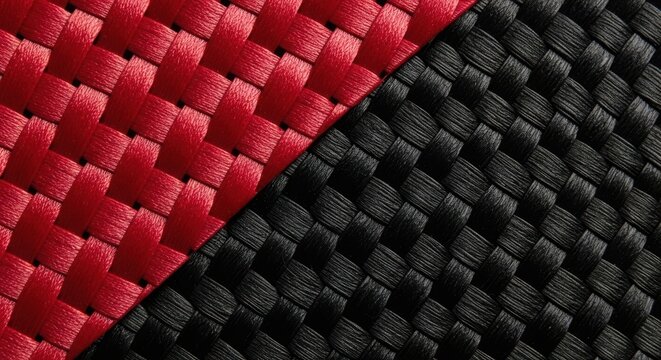 Close up of a woven textile material featuring a diagonal split between vibrant red and deep black nylon fiber texture
