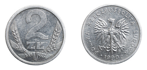 two Polish zloty coin on a white isolated background