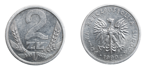 two Polish zloty coin on a white isolated background