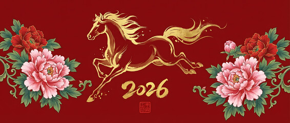 2026. Year of the horse. Chinese new year. Vector modern abstract illustrations of horse, linear chinese lanterns, symbols, asian red background with gradient for poster, greeting card or flyer