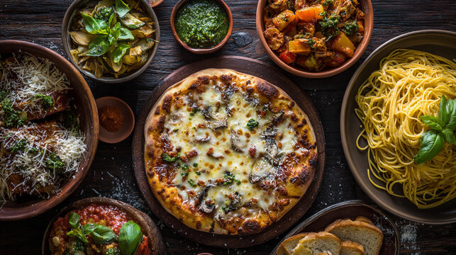 Overhead shot of a rustic table filled with an assortment of delicious italian dishes
