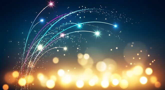 Abstract colorful light streaks with sparkling particles on dark background