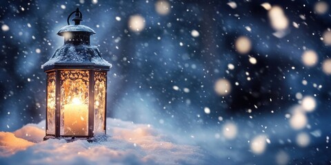 A vintage lantern with snowflakes falling around it winter night background.
