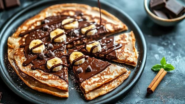 Delicious chocolate and banana crepes with chocolate chips on a plate