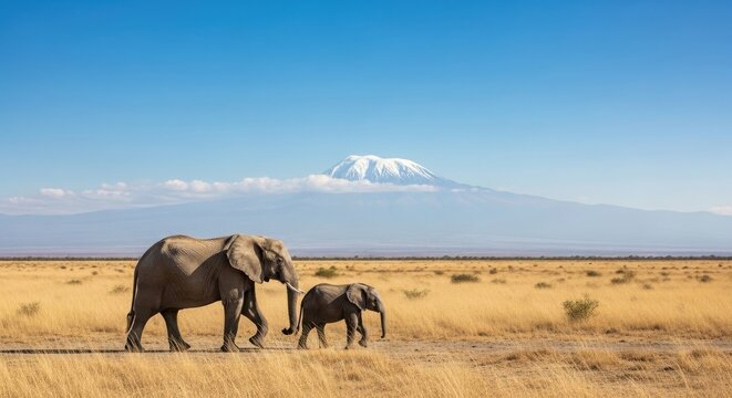 African elephant mother and calf walking across dry savanna with mount kilimanjaro in background